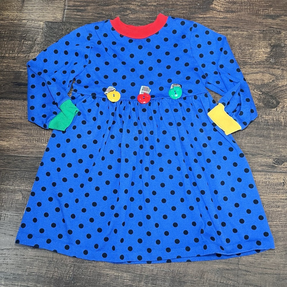 VTG Buster Brown Girls Dress 80s Blue Polkadot Apple Charms 4 3 2 Cottage Core‎